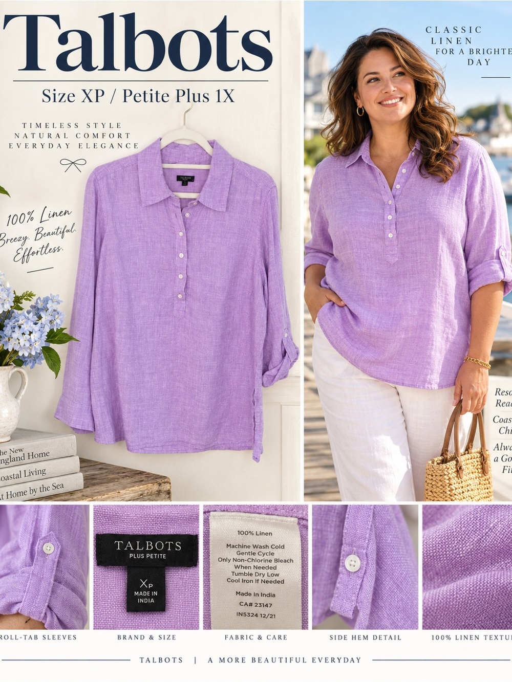 Talbots Lavender Lilac 100% Linen Tunic Top Plus Petite Xp